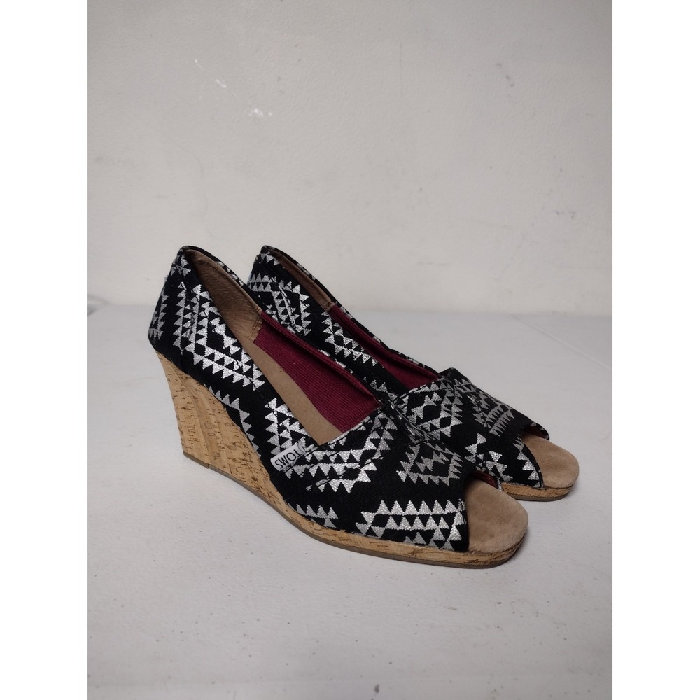TOMS Womens Black Silver Geometric Triangle Cork Wedge Peep Toe Sandals Size 9.5